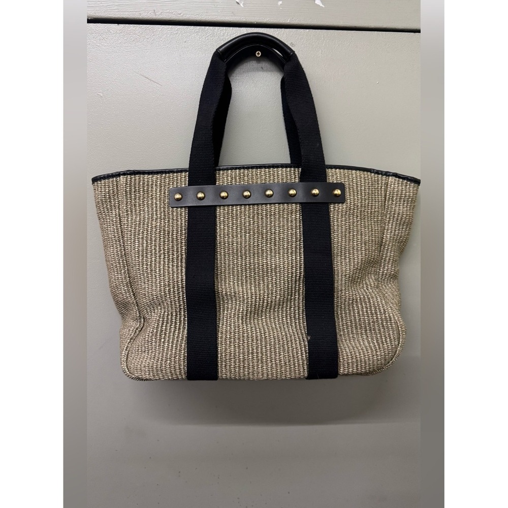 Barneys New York Tote Bag Women OS Tan Black Woven Leather Studded Quiet Luxury